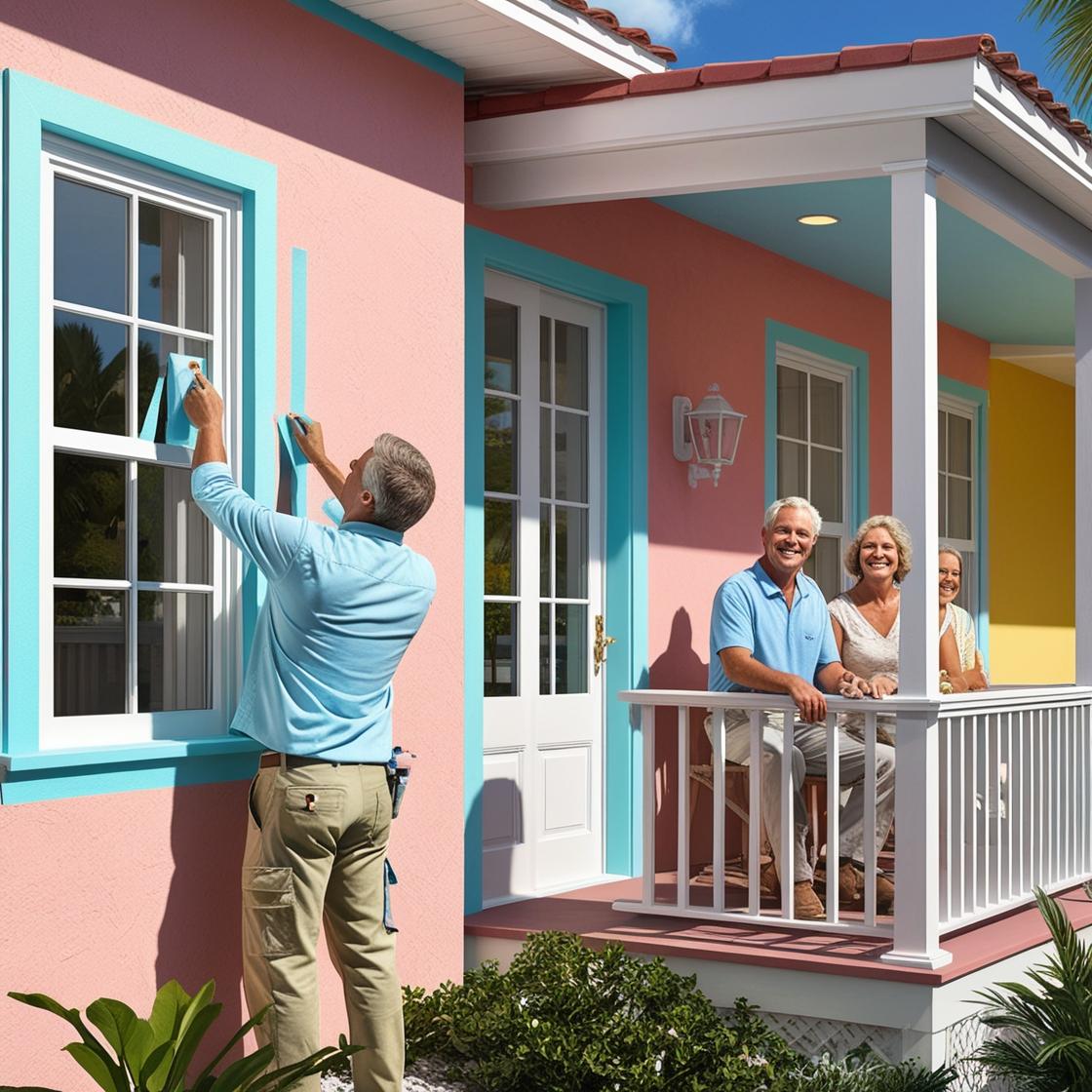 painter using painters tape to tape off a home in south florida while a couple watches